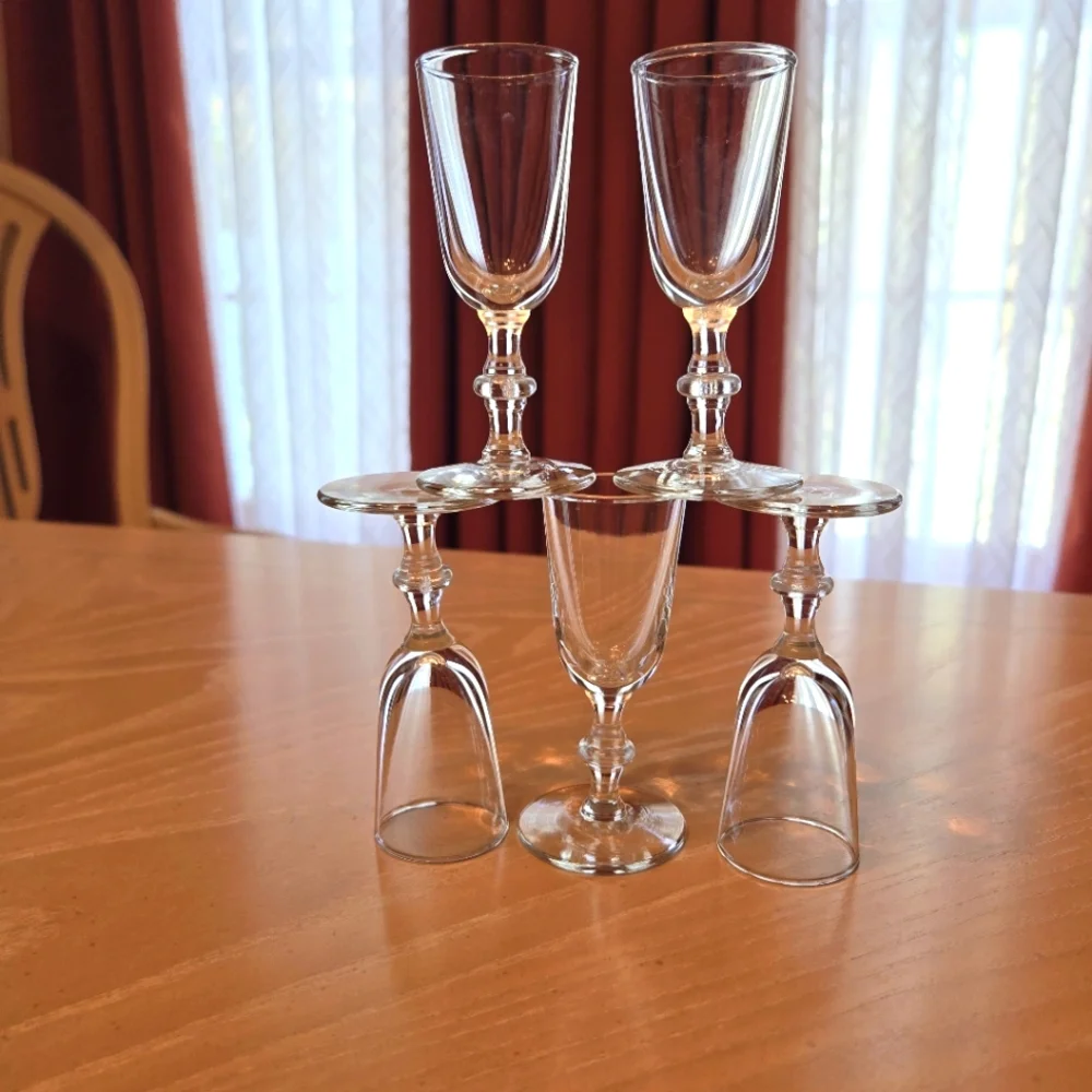 Vintage 5-Piece Mid-Century Ribbed Rim Cordial Glasses Ornate Stemware